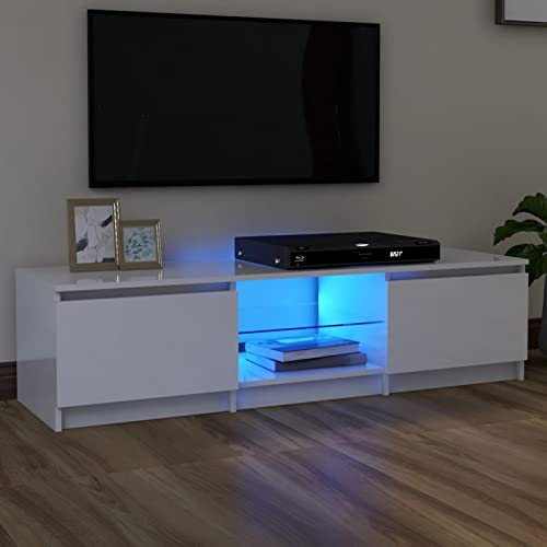 SECOLI TV Schrank Mit Led Leuchten 140 x 40 x 35.5 cm Fernsehschrank Mit Led Hochglanz-Weiß TV Sideboard Wohnzimmer TV Board Fernseher Unterschrank TV Board Fernsehtisch Mit Led und Schubladen