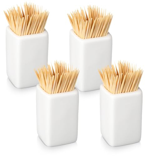 Mimorou 4 Pcs White Ceramic Toothpick Holder Simple Ceramic Toothpick Dispenser Container for Home Kitchen Charcuterie Board, Easy to Clean