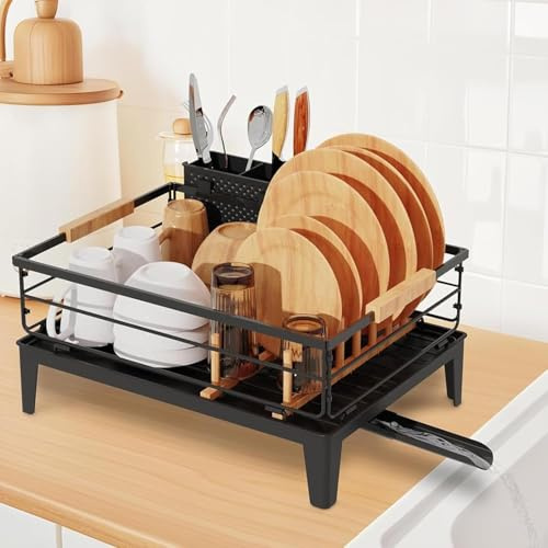 JYPS Escurreplatos Acero Inoxidable, Escurridor de Platos con Soporte para Extraible Utensilios y Portavasos, Escorredor de louça Fregadero con Boquilla de Drenaje Automático 360º Giratorio(Negro)