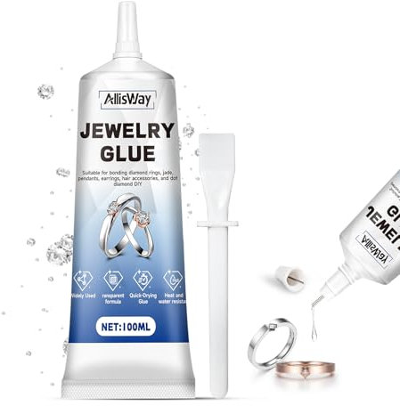 Allisway Pegamento para Bisutería, Pegamento Fuerte para Joyería, Adhesivo para Reparar Collares, Pulseras, Pendientes y Bricolaje, Adhesión Precisa de Joyas y Perlas, Transparente, 100ml