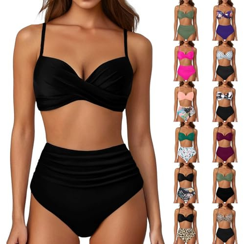 Women's High Waisted Bikini Set 2 Pieces Tummy Control Push Up Swimsuit and Skirt Twist Front Bikini V Neck Sexy Swimming Costume Ladies Swimwear (Black, XL)
