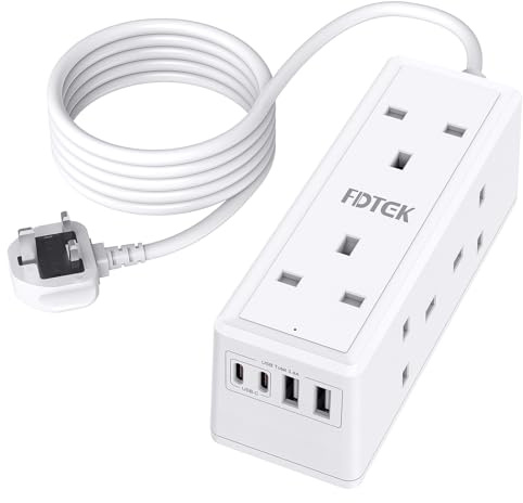 6 Way Extension Lead with USB Slots, FDTEK Socket Extension with 4 USB Ports, Mount Power Strip with 1.5M Extension Cords Overload Switch Desk Power Socket for Home Office