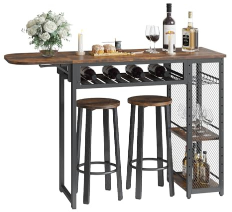 Bartisch Set, Tresentisch mit 2 Barhocker, Esstisch Stehtisch mit Weinglashalter & Ablage, Küchentisch im Industrie-Stil, Stehtisch für Bar, Bistro & Wohnzimmer (Braun)