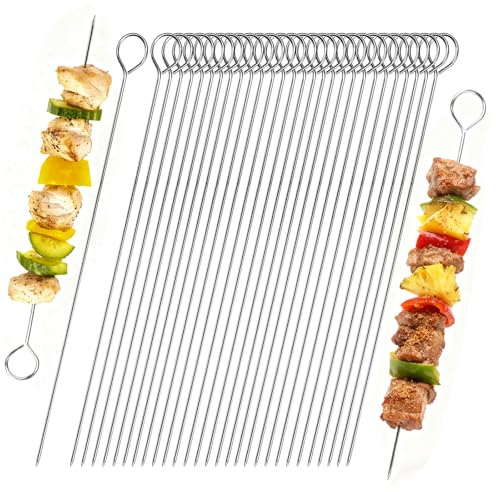 Pack of 30 kebab skewers, 20 cm barbecue skewers, stainless steel, BBQ stainless steel grill skewers, roulade needles, 20 cm barbecue skewers for BBQ, grill, shish kebab fruit, vegetables