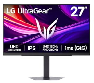 LG UltraGear 27G810A Monitor Gaming 27 UHD 4K 180Hz / FHD 360Hz, IPS 1ms (GtG), G-Sync Compatible, AMD FreeSync Premium, VRR, HDR 400, HDMI 2.1, DP, Hub USB, AUX, Stand regolabile, Nero