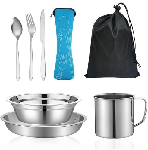 Vajilla de camping para 1 persona, de acero inoxidable, vajilla de camping, juego de cubiertos de picnic, material grueso, portátil y duradero, incluye cuchillo, tenedor, cuchara, plato, tazón con