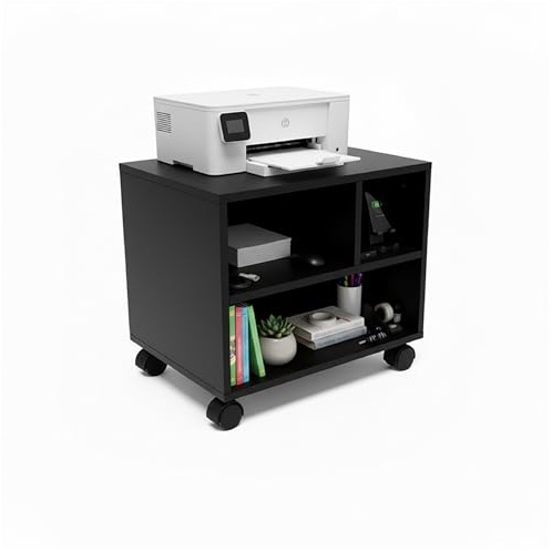 Baroni Home Carrello Ufficio con 4 Rotelle Girevoli a 360°, Mobiletto Organizer per Stampante e Cancelleria, Struttura in MDF Resistente, Montaggio Facile, 30x40x36 cm 3 Scomparti Nero