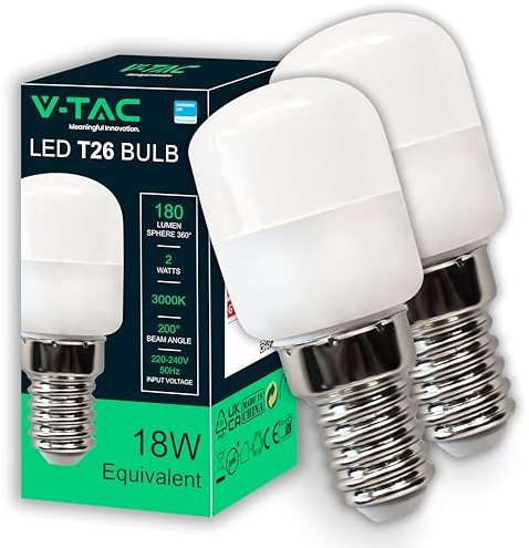 V-TAC 2x Bombillas LED para Refrigerador y Lámparas E14-2W - AHORRO ENERGÉTICO - 180 Lúmenes - 2 Bombillas LED T26 Pequeñas - Máxima Eficiencia - Luz Blanco Neutro 4000K