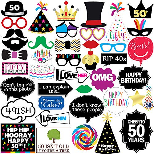 50th Birthday Photo Booth Props - 40 Pieces - Funny Birthday Party Supplies for Him or Her - Photo Booth Decorations, Favors and Gifts