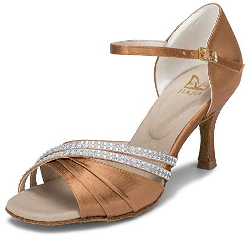 JIAJIA 20524 Latin Dam Sandaler 7,5 cm Flared Heel Super Satin Dansskor Färg Brun,Storlek 38 EU (5 UK)