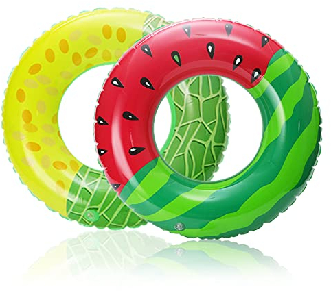TSHAOUN 2 Stück Aufblasbarer Wassermelonen-Schwimmring, Schwimmreifen Für Das Schwimmbad, Strand, Urlaub, Sommer Wasser Spielzeuge Schwimm Pool Ring Für Kinder 1-2 Jahre Alt (Rot und Gelb)