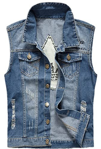 Kelmon Chaleco de mezclilla para hombre, estilo vintage, casual, para motociclista, chaqueta sin mangas, #208 Azul, L