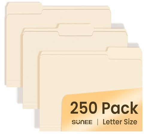 SUNEE Manilla Folders Letter Size (8.5 x 11 inches), 250 Per Box, 1/3 Cut Tab for Easy Labeling and Organization, Durable Standard Paper for Home, Office, School Filing