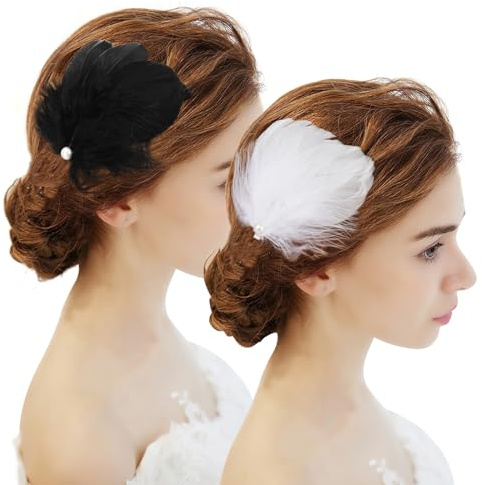 MWOOT 4 Piezas Clips para el Cabello Plumas Blancas y Negras, Adorno Cabeza Cisne Blanco Ballet Accesorios Pelo Mujeres Niñas, Pieza Pelo Perla Blanca Carnaval Disfraz, Novia Boda Fiesta Cosplay