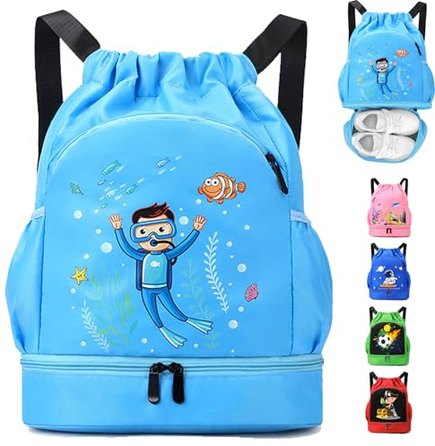 AUNGKWANG Sac Piscine Enfant, Garçon Enfants Nageant Sac A Dos, Sacs Enfant Étanche Avec Compartiments Garçon Enfants Piscine, Plage, Camping, Vacances