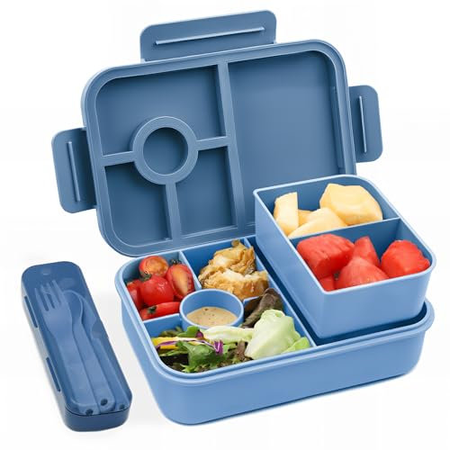 Bugucat Fiambrera 1300ML,Bento Lunch Box lunchbox con 5 Compartimentos y Cubiertos de Plastico, Fiambrera Infantil hermetico Bento Box para Adultos,Ideal Para,Picnic,Trabajo Azul Oscuro