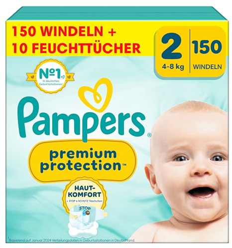 Pampers Premium Protection Größe 2, Windeln, 4kg-8kg, Doppelter Schutz für die Haut und vor Auslaufen +10 Stück Pampers Aqua Baby-Feuchttücher enthalten