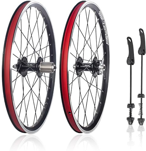KUNYOS 20In 406/451 Mountain Bike Wheelsst Double Layer Aluminum Alloy Rims Disc/V Brake Quick Release 24/28H Hubs for 7 8 9 10 Speed Cassette Bicycles Front Rear Wheels,Black,406
