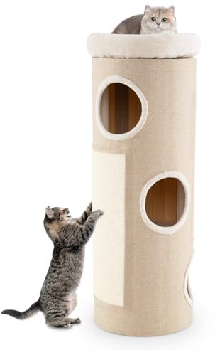 COSTWAY Cat House for Indoor Cats, 4-Level Cat Cave Bed with Removable Perch, Sisal Scratching Board, Kitten Condo Barrel Post Tree, 43 x 43 x 113 cm