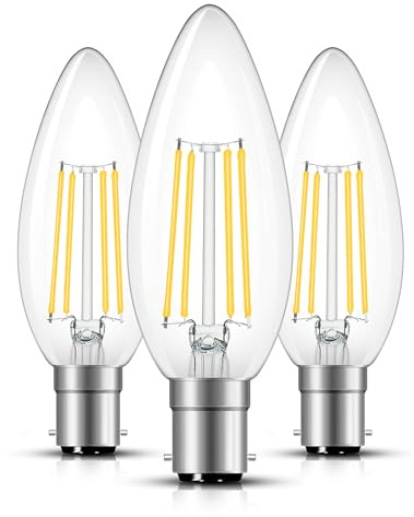 Small Bayonet Light Bulb, 4W B15 LED Filament Candle Bulb Warm White, 3Pack | 40W Equivalent, 2700K Soft Glow, Clear Filament, Vintage Glass, C35 B15 Bulbs for Chandelier, Not-Dimmable