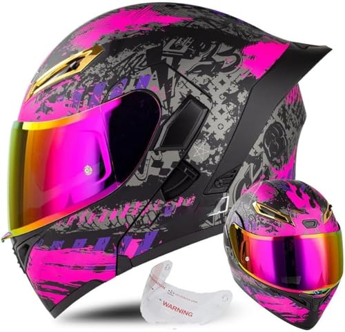Cool Motorcycle Full Face Flip Up Full Face Helmet with Double Sun Visor, ECE/DOT Approved Street Bike Motocross Helmet for Scooter Touring Bicycle ATV Helmet(Pink,Large)