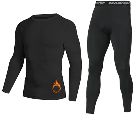 NuCamper Ropa Interior Térmica Hombre, Conjuntos térmicos para Hombres, Invierno Camiseta Térmica Hombres Manga Larga Pantalones Largos, Camisa y Pantalón de Compresión Funcional para Esquí, Ciclismo