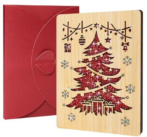 Teyomi Sparkling Christmas Card with Envelope for Men Women, Wooden Merry Christmas Blank Cards for Dad, Mom, Unusual Handmade Xmas Tree Greeting Card, Happy Holiday Card, Gift for Kids, Friends, Wife