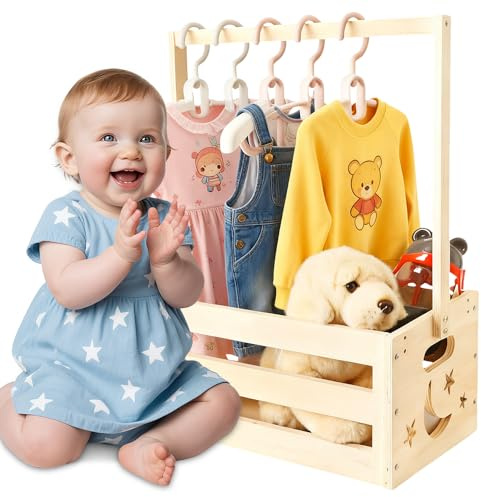 Baby Shower Basket, Wooden Baby Shower Crate Closet, Storage Crate Hamper with Mounting Accessories and Rail, Hamper Basket Pregnancy Gifts for New Parent