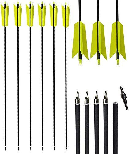 AMEYXGS 12 Pcs Archery Hunting Arrows Mix Carbon 30 Inch Flu Flu Arrows Spine 500 Target Practice Arrows with 4 Turkey Feather Replaceable Arrowhead for Outdoor Hunting Shooting(Yellow)