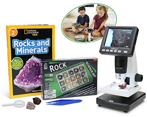 AmScope IQCREW Kid's Premium Portable LCD Color Digital Microscope with Rock and Mineral Collecting Look and Learn Activity Kit