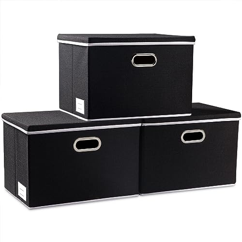 Prandom Caja de almacenamiento grande plegable con tapa[Paquete de 3],cajas almacenaje decorativas,Contenedor organizador de lino con asa,Negro(43x30x30cm)