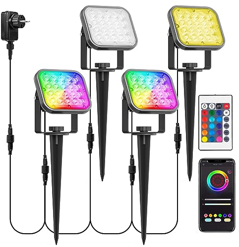 NATPOW Illuminazione da giardino a LED, RGB, faretto da giardino con picchetto con app Bluetooth, 16 milioni di colori, 12 modalità, IP65, impermeabile, timer, decorazione da giardino per giardino
