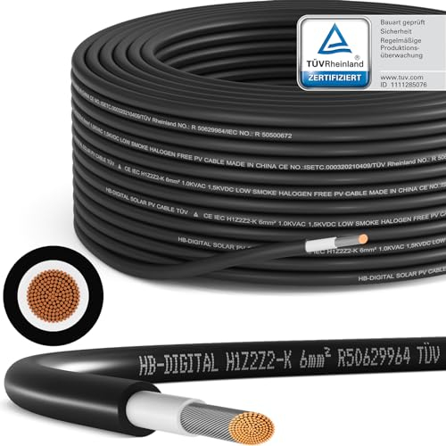 HB-DIGITAL 40m Solarkabel H1Z2Z2-K - TÜV Rheinland zertifiziertes - 6mm² flexibel UV witterungsbeständig PV Kabel reines Kupfer 1500V DC für Solarpanel Wechselrichter Photovoltaik - Schwarz