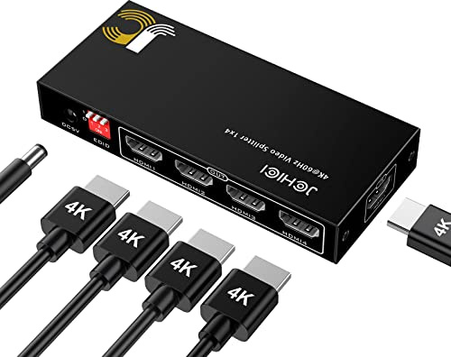 HDMI Splitter 1 in 4 Out, JCHICI HDM1 Switcher Splitter 4K@60Hz 4:4:4, HDMI Spliter for Dual Monitors, EDID Control, Compatible with Xbox PS4 Blu-Ray Player HDTV (1 Source onto 4 Displays)