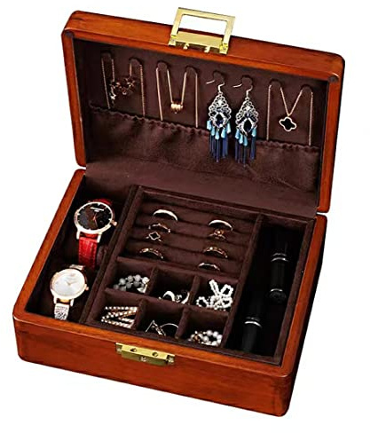 Bescott Boîte à bijoux en bois massif à 2 couches avec serrure et clé pour homme et femme - Organiseur de bijoux vintage en bois de velours pour boucles d'oreilles, bagues, colliers, bracelets,