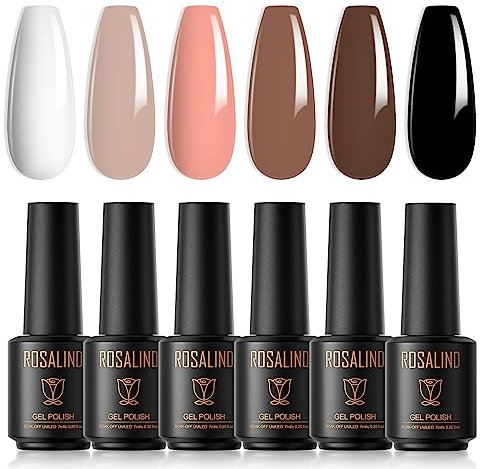 ROSALIND Esmaltes Semipermanentes para Uñas, 6 Colores Mini Pintauñas Semipermanentes Blanco Rosa Marrón Negro，Pintauñas Semipermanentes UV Led