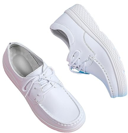 Purubylley Women's Slip Resistant Lightweight Nursing Shoes Comfortable Lace Up Work Shoes，Nursing Work Healthcare Slip Resistant Breathable Restaurant Food Service Leather Loafers (White,9)