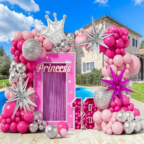 Juego de 145 globos de color rosa y plateado, con bola de discoteca de plata rosa, globos para princesa, fiesta temática, cumpleaños, niñas, baby shower, aniversario, decoración de boda