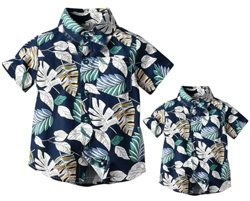 Winmany Chemises hawaïennes familiales Père et fils Tenues de plage assorties avec imprimé tropical à feuilles florales, bleu, 3-4 ans