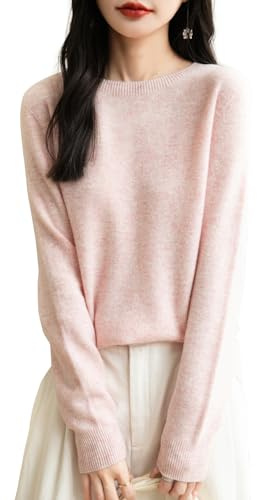 Chanyarn Mujer Jersey de Cuello Redondo 100% Lana Merino 2025 Suéter de Punto Sin Costuras de Manga Larga (Pink,S)