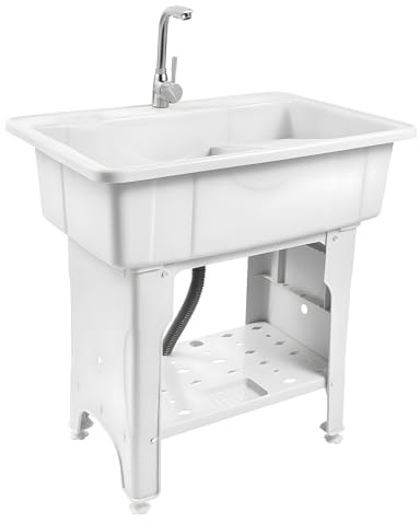 Bokknppo Freestanding Utility Sink Plastic Laundry Tub Sink with Storage Shelf Indoor Outdoor Slop Sink Wash Station for Bathroom Laundry Washing Room (White, 31.5 * 22.05 * 31.5in)