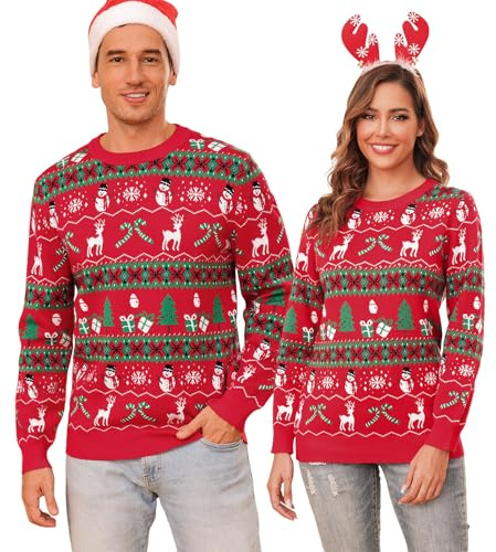 Totatuit Jersey Navideño Mujer Manga Larga Suéter de Navidad Invierno con Motivos de Reno y Muñeco de Nieve Ropa de Punto Cálida y Elegante Rojo，L