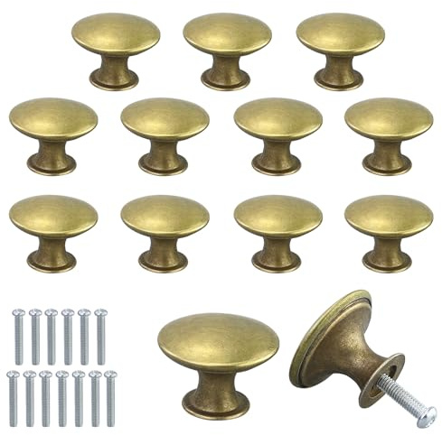 JRSHIRLEYLTD Lot de 13 boutons de porte d'armoire dorés en forme de champignon - Trou unique - Rond - Avec vis assorties - Vintage - Pour porte de tiroir de salle de bain