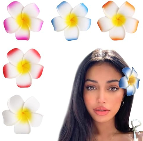 BelleVive 5 pièces pinces à cheveux à fleurs hawaïennes, barrette Plumeria hawaïenne, pinces à fleurs artificielles, accessoires capillaires pour vacances, fêtes de plage, épingle à cheveux pour