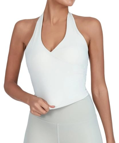 Donne Halter V-collo Activewear Crop Top Reggiseno Integrato Palestra Danza Formazione Supporto Yoga Gilet, bianco, S