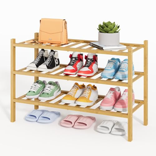 Kitsure Bamboo Wooden Shoe Rack for Closet - 3 Tier Stackable Shoe Rack Small with Modular Structure, Space-Saving Shoe Shelf for Entryway, Living Room, Bedroom, 68.0cm x 28.0cm x 48.0cm, Natural