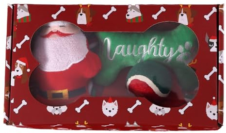 Box de jouets pour chiens de Noël 2024 - Balle de dessins animés sur le thème du Père Noël, set de mastication sonnant pour chiots et chiens, collection durable de jeu