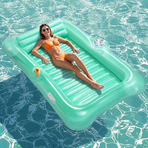 HeySplash Inflatable Pool Float Lounge, Large Inflatable Pool Floats Boat for Adults with Cup Holder & Detachable Pillow, Tanning Lounger Float for Lake River Summer Water Party, Crystal Clear Green