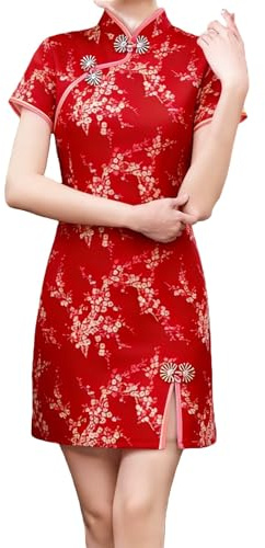Zanisouta Robe de soirée chinoise pour femme - Mini jupe élégante Cheongsam Qipao Chipao - Robe fourreau vintage - Dragon et Phoenix - Col mandarin - Sexy - Robe surdimensionnée chinoise, P rouge 3, S