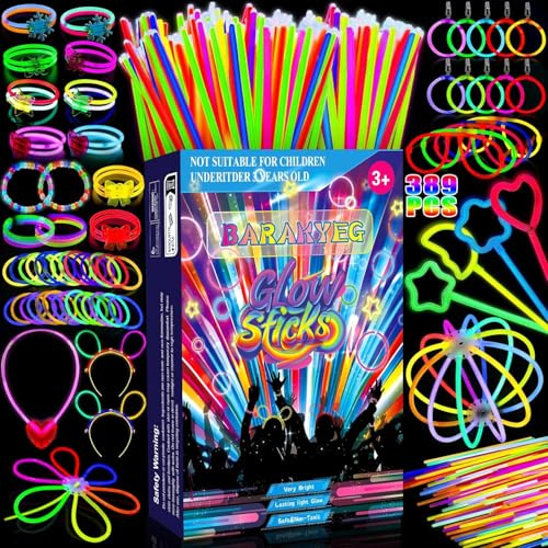 Vleuexe 389Pezzi Braccialetti Luminosi Fluorescenti,starlight Bastoncini Luminosi Glow Stick,connettore,bracciali luminosi fluorescenti per Fluo Party,Matrimonio Compleanni,Capodanno,feste,Halloween